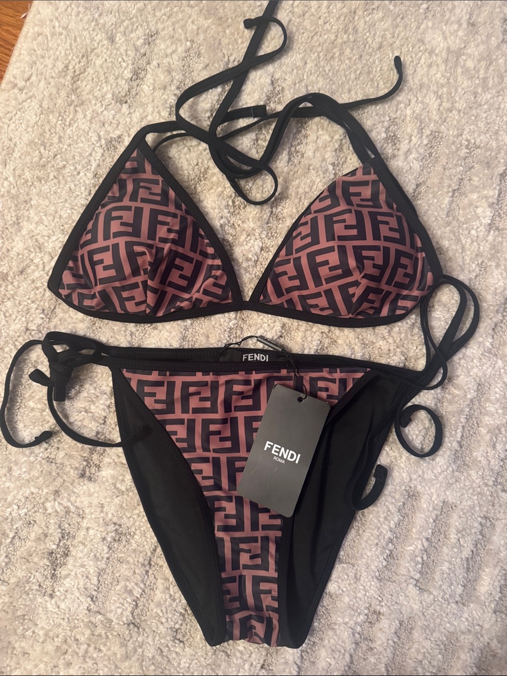 Fendi Pink and Black FF Logo Triangle Bikini Set